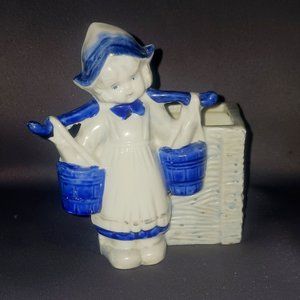 Vintage Blue and White Dutch Girl Toting Water Planter